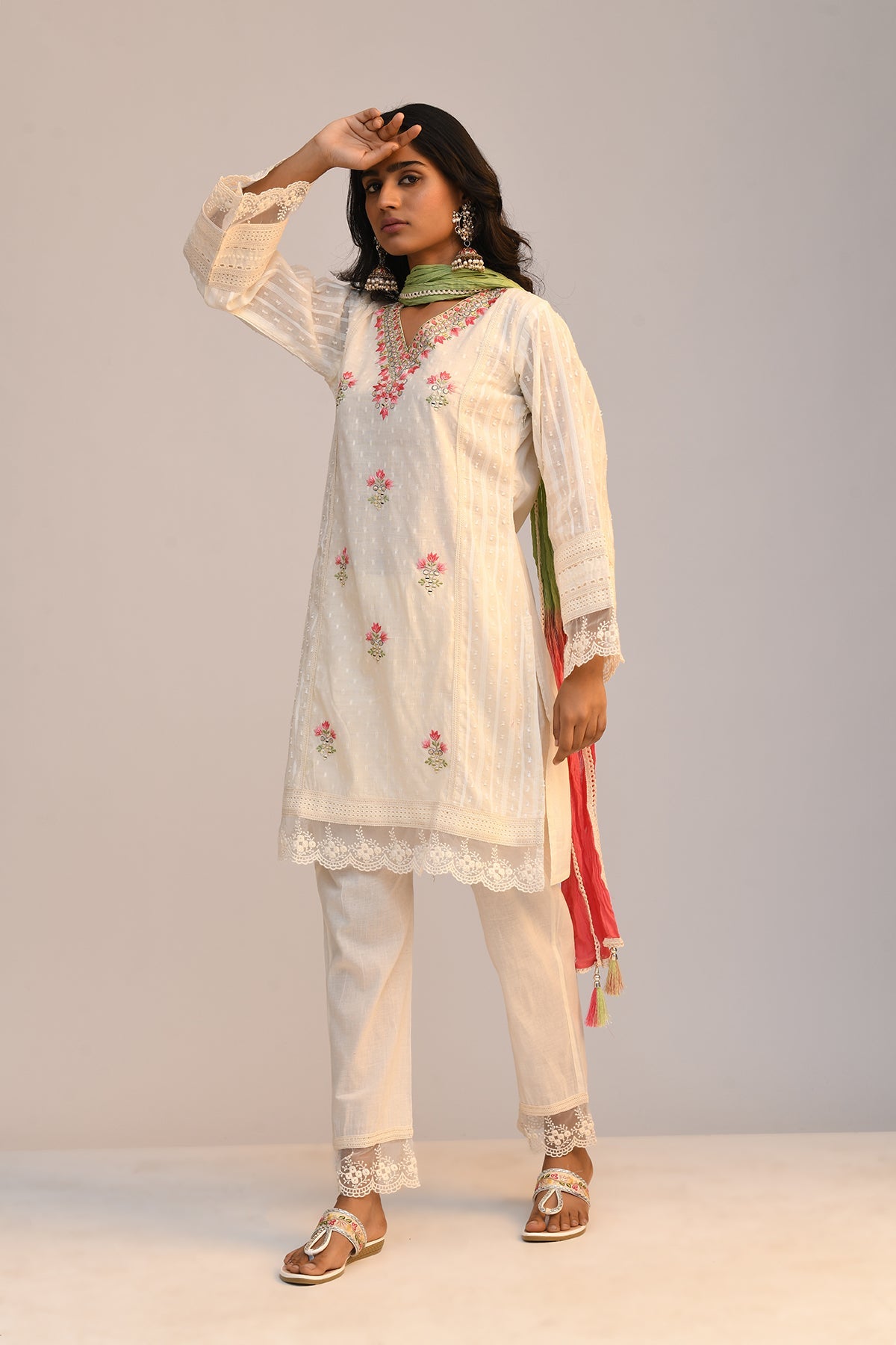 Cream Embroidered Kurta 3 Pcs Set