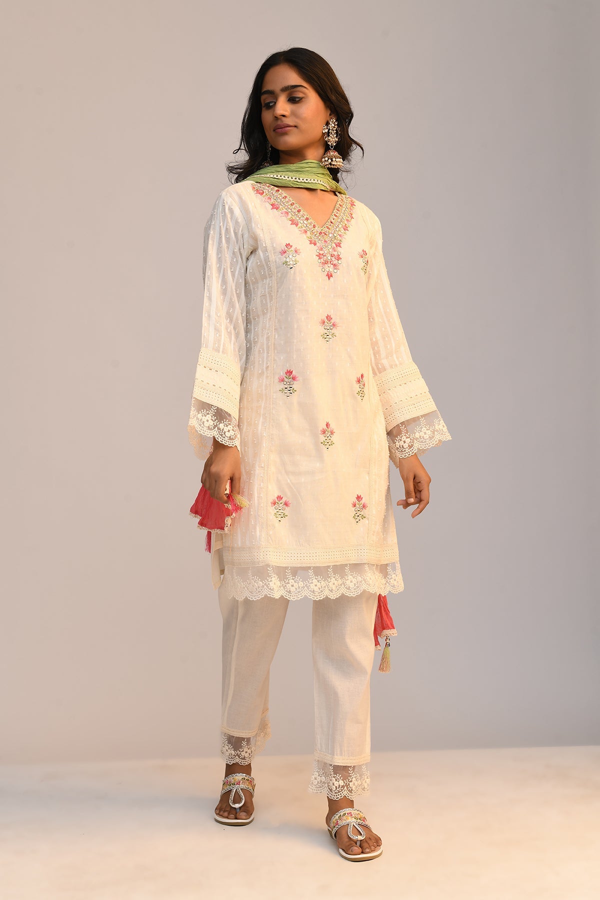 Cream Embroidered Kurta 3 Pcs Set