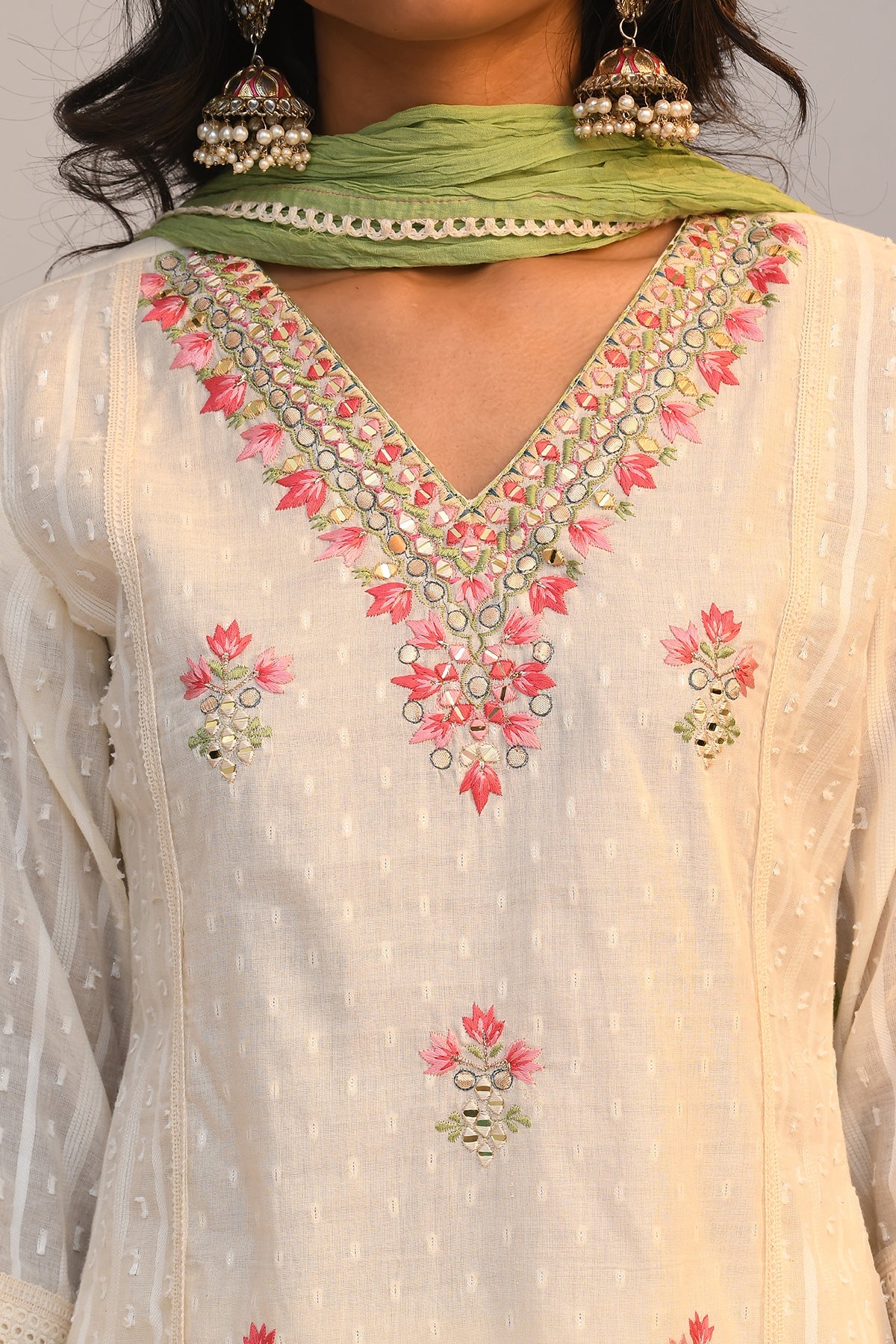Cream Embroidered Kurta 3 Pcs Set