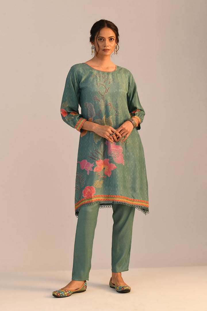 Green Printed A Line Kurta Set