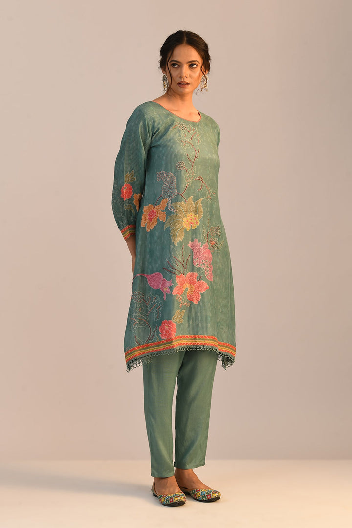 Green Printed A Line Kurta Set