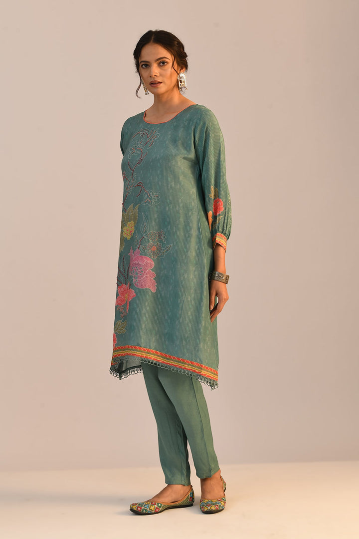 Green Printed A Line Kurta Set