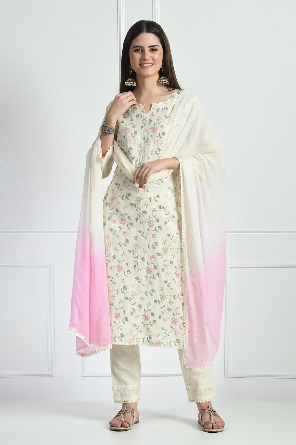 Cream Embroidered Straight Kurta 3 Pcs Set