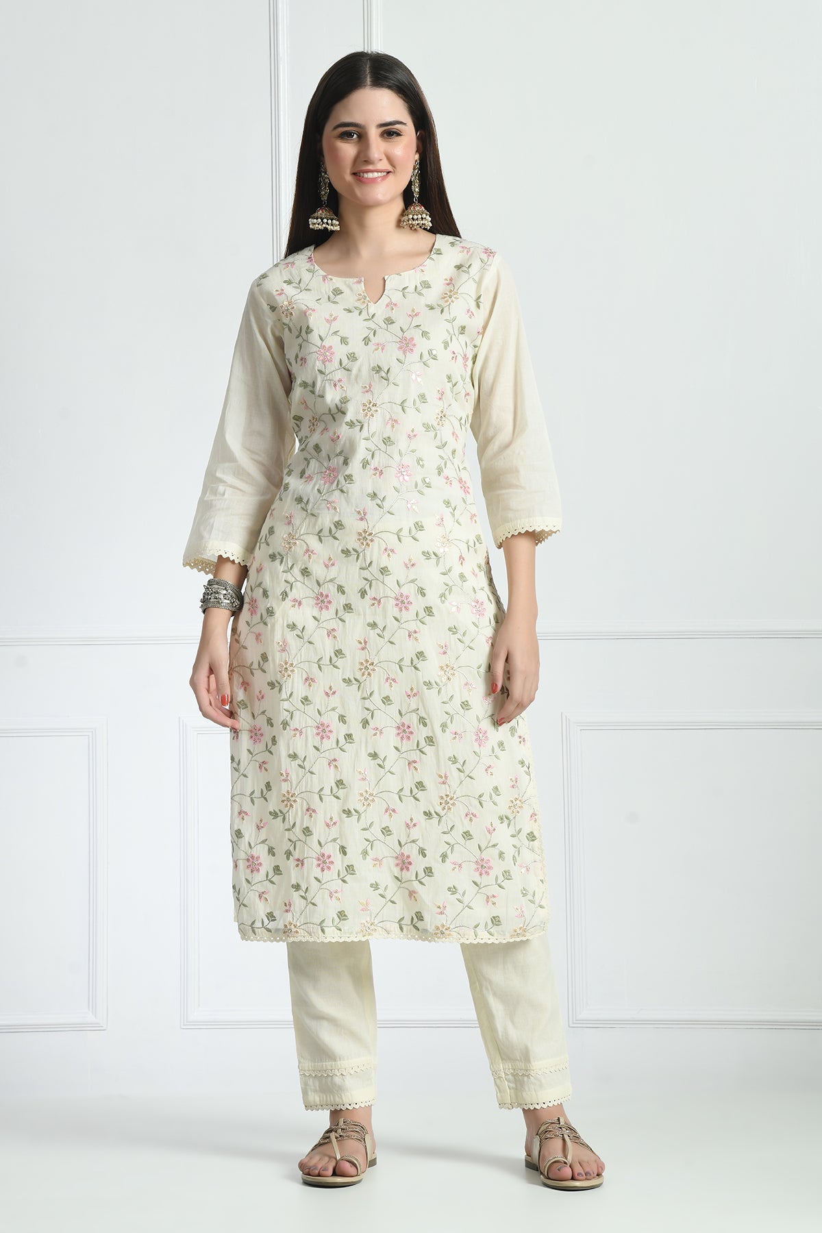 Cream Embroidered Straight Kurta 3 Pcs Set