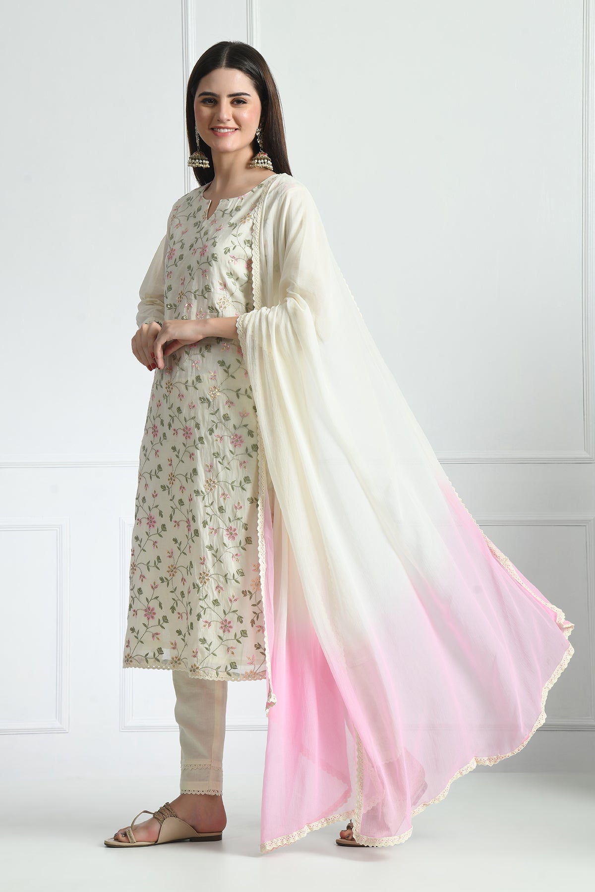 Cream Embroidered Straight Kurta 3 Pcs Set