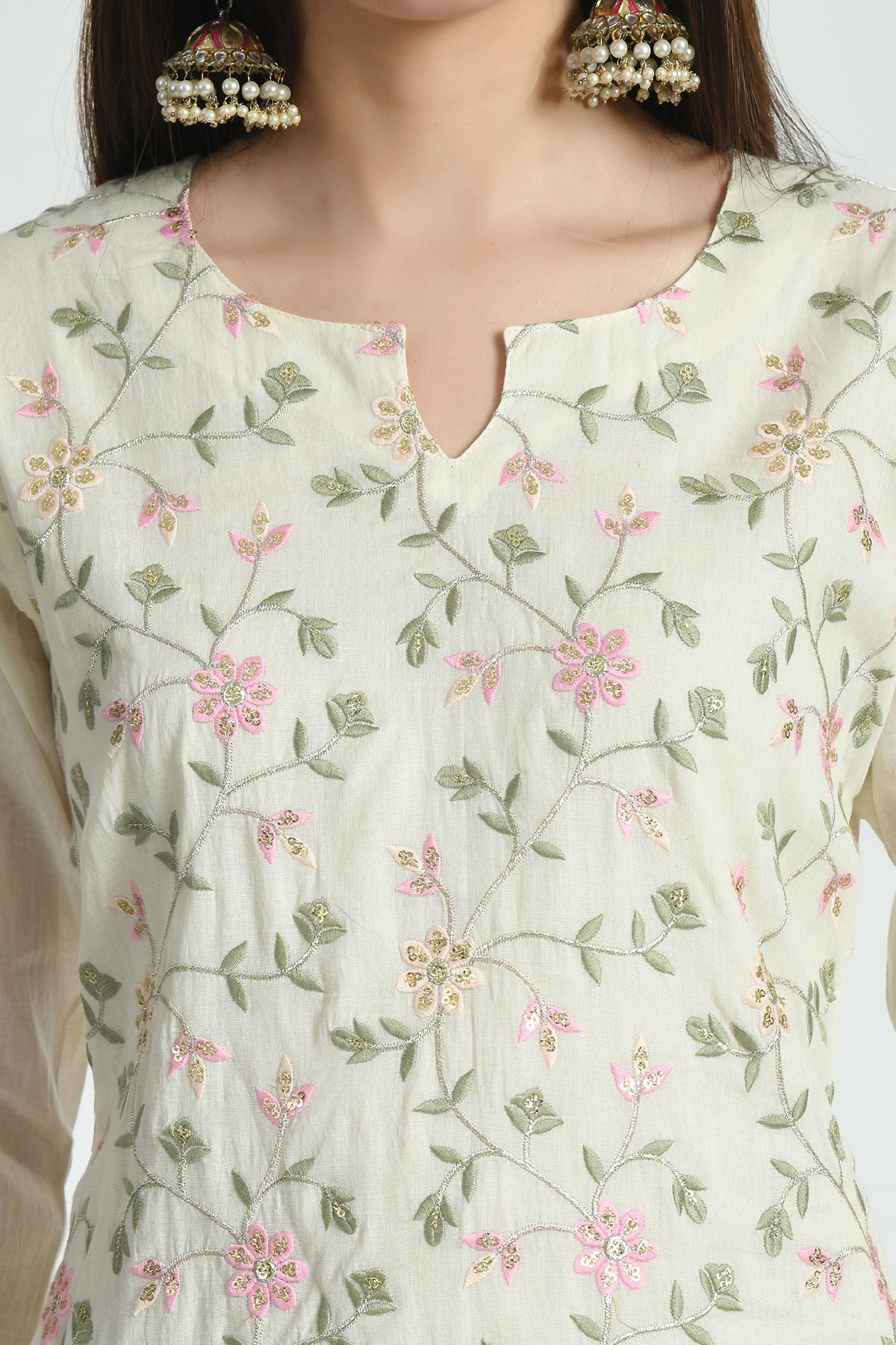 Cream Embroidered Straight Kurta 3 Pcs Set