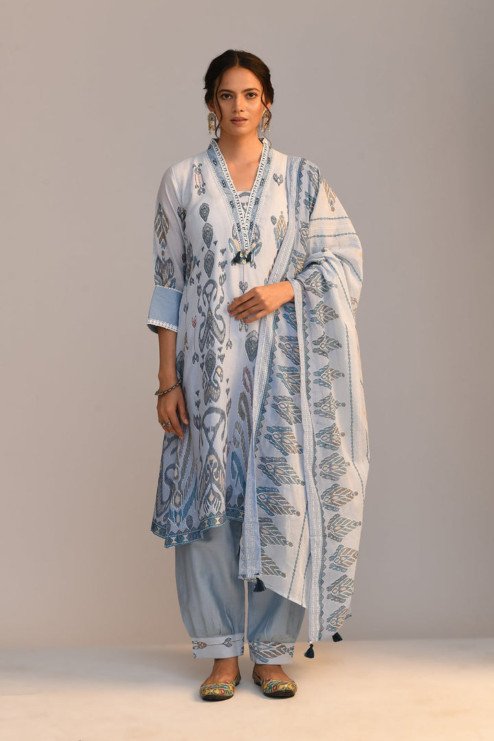 Blue Printed A Line Kurta Set