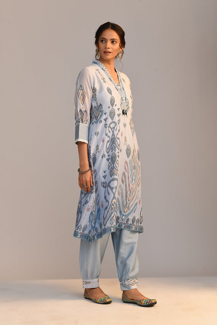 Blue Printed A Line Kurta Set