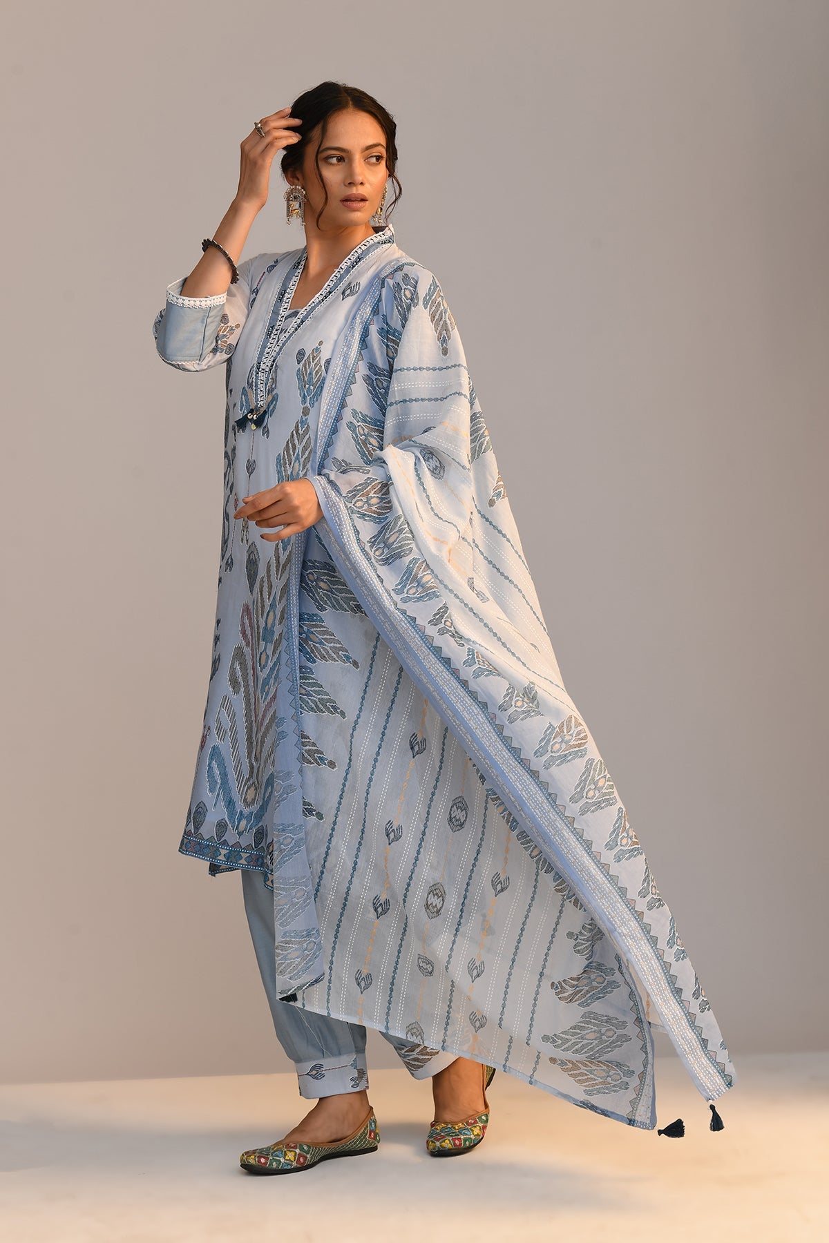 Blue Printed A Line Kurta Set