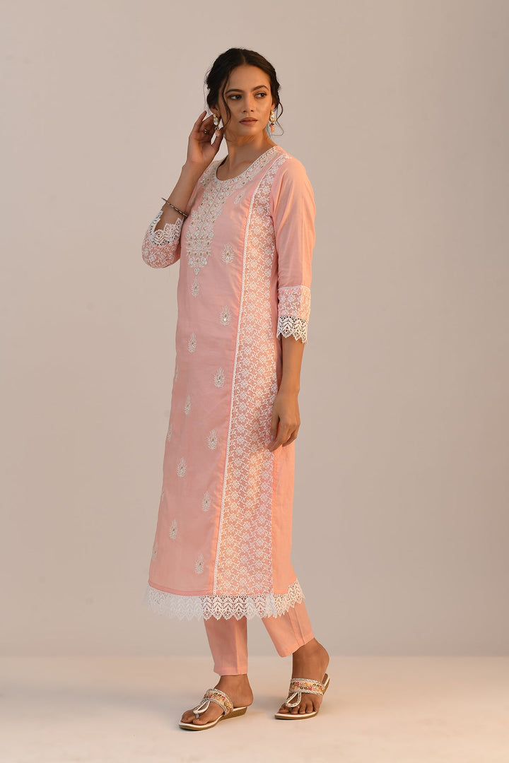 Peach Embroidered Straight Kurta Set