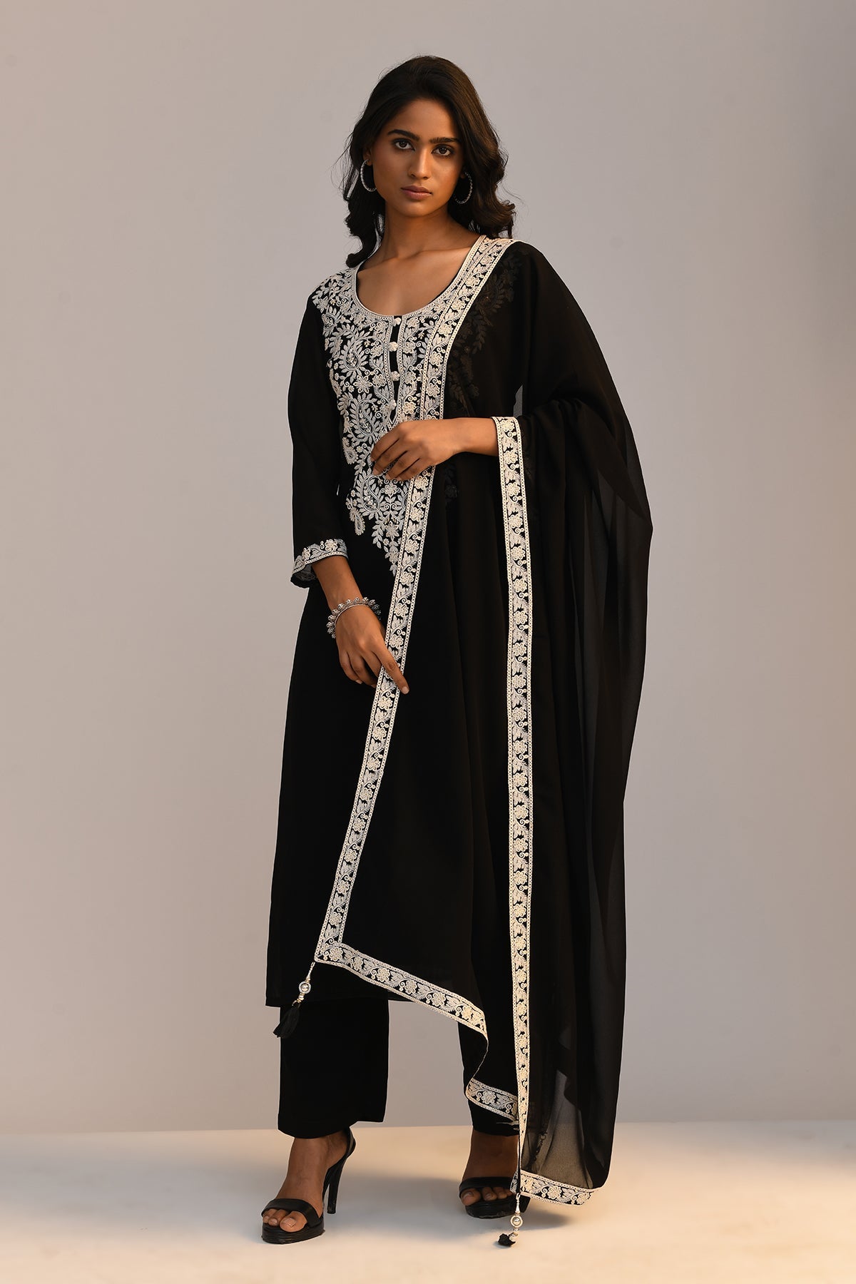 Black Chikankari Straight Kurta 3 Pcs Set