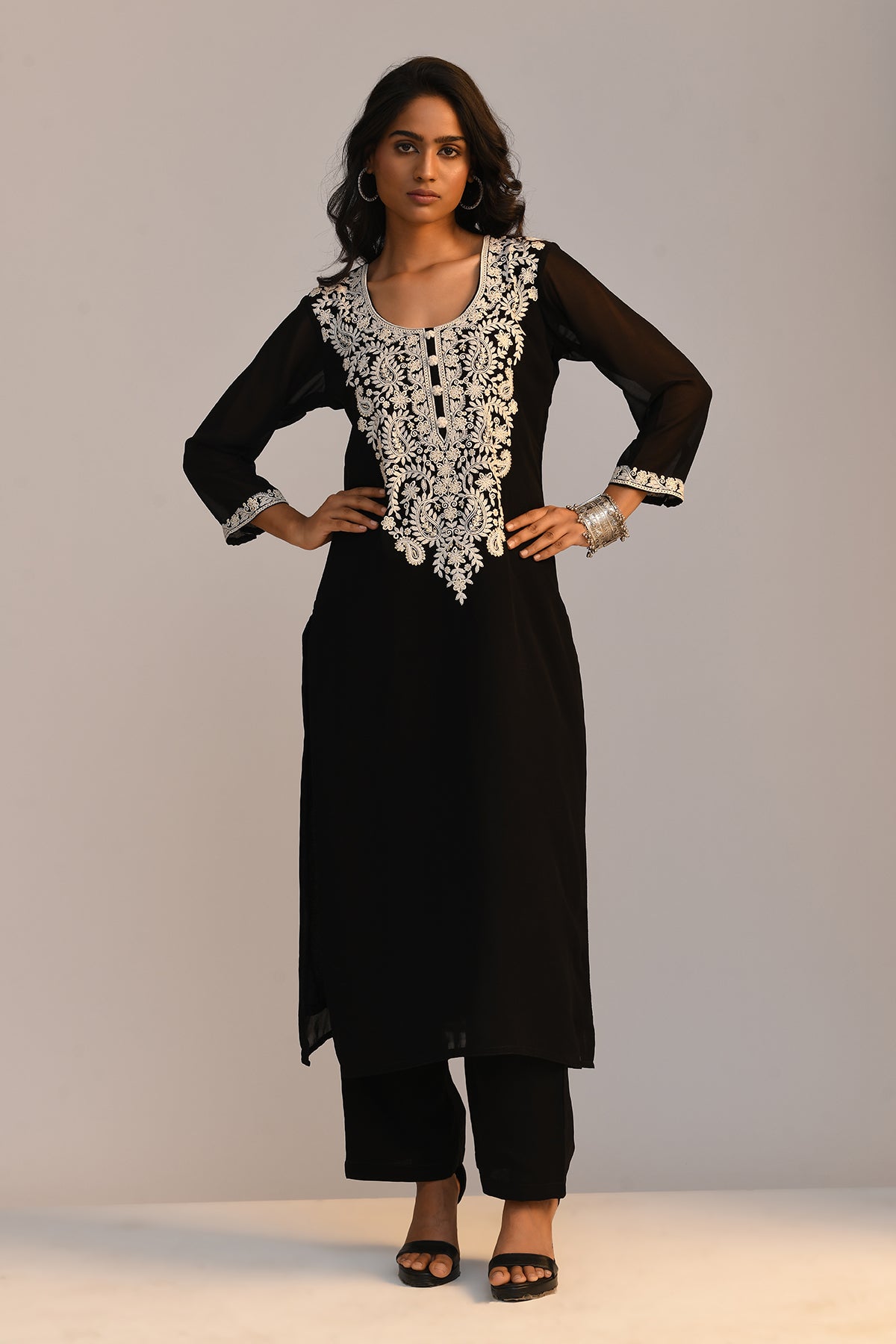 Black Chikankari Straight Kurta 3 Pcs Set