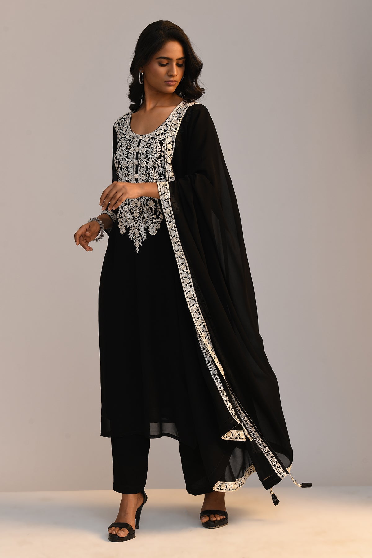 Black Chikankari Straight Kurta 3 Pcs Set