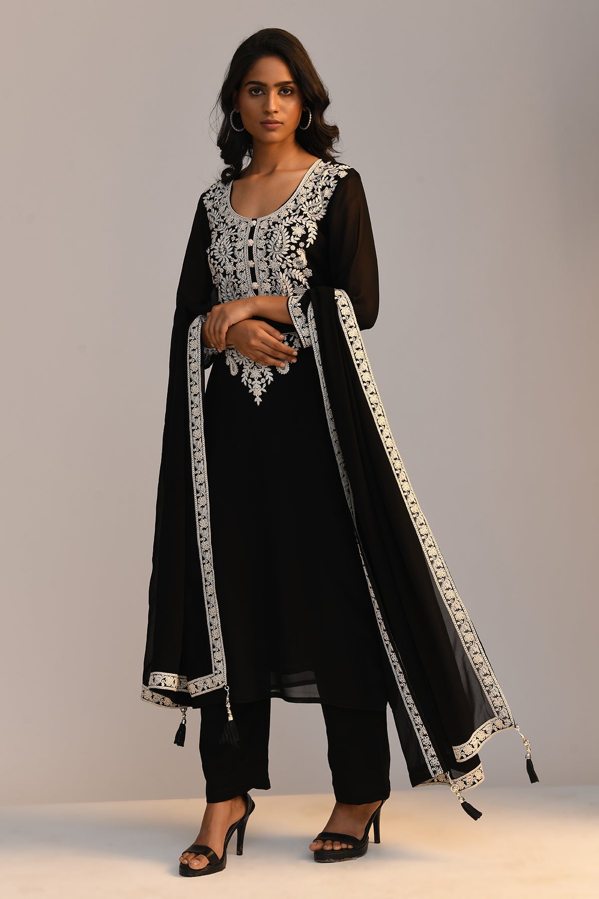 Black Chikankari Straight Kurta 3 Pcs Set