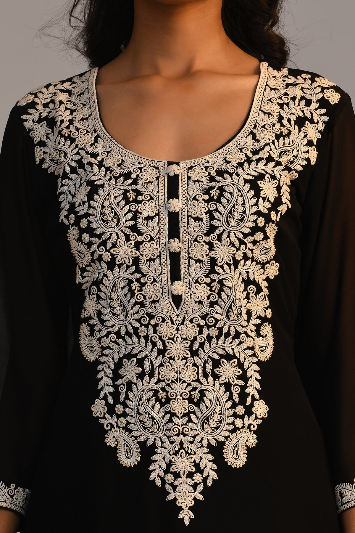 Black Chikankari Straight Kurta 3 Pcs Set