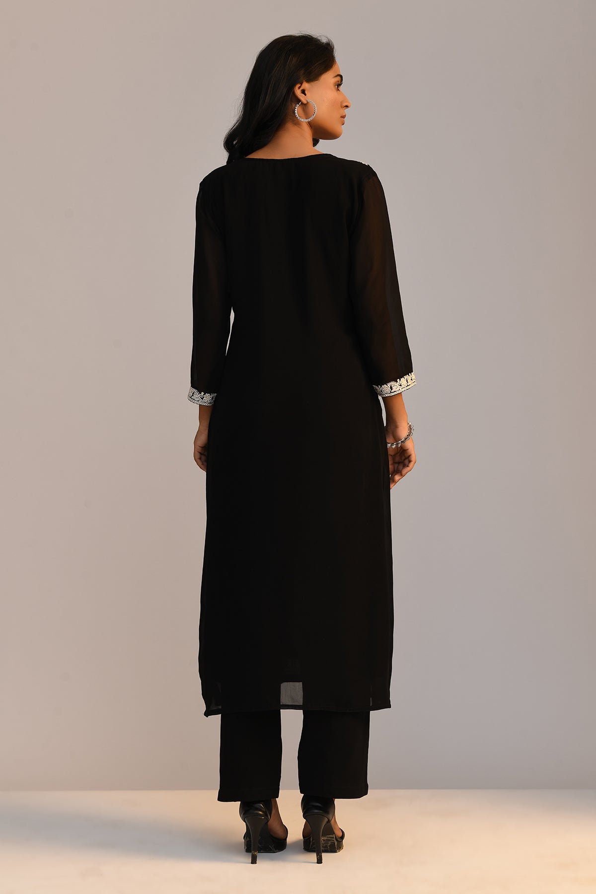 Black Chikankari Straight Kurta 3 Pcs Set