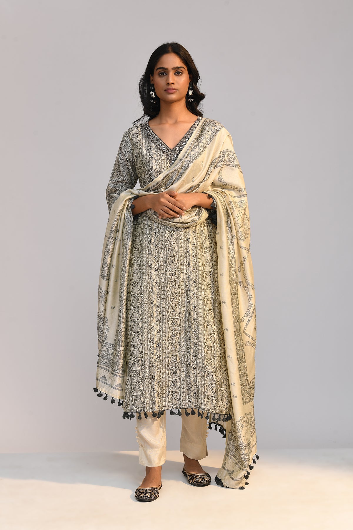 Grey Printed Kurta 3 Pcs Set