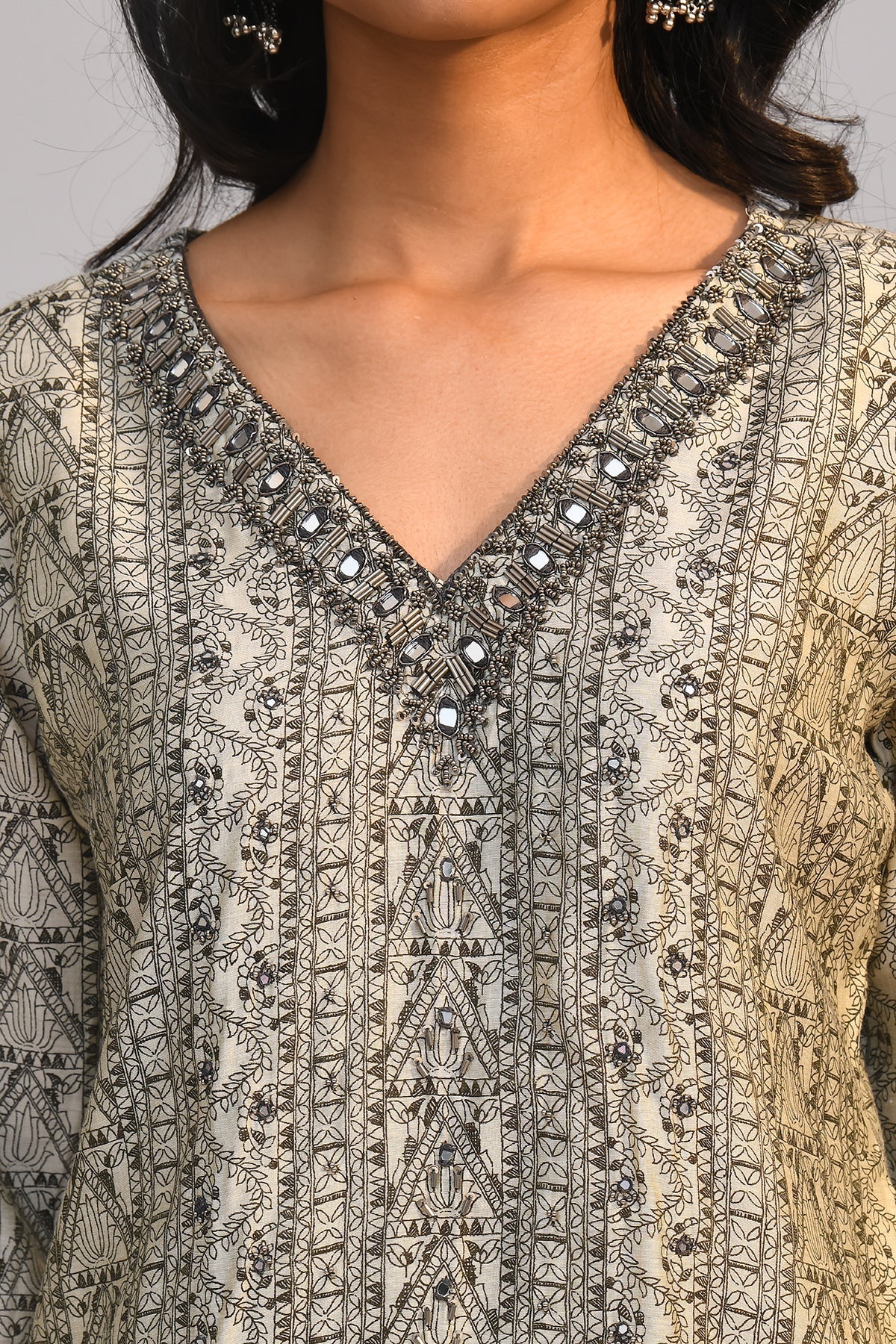 Grey Printed Kurta 3 Pcs Set