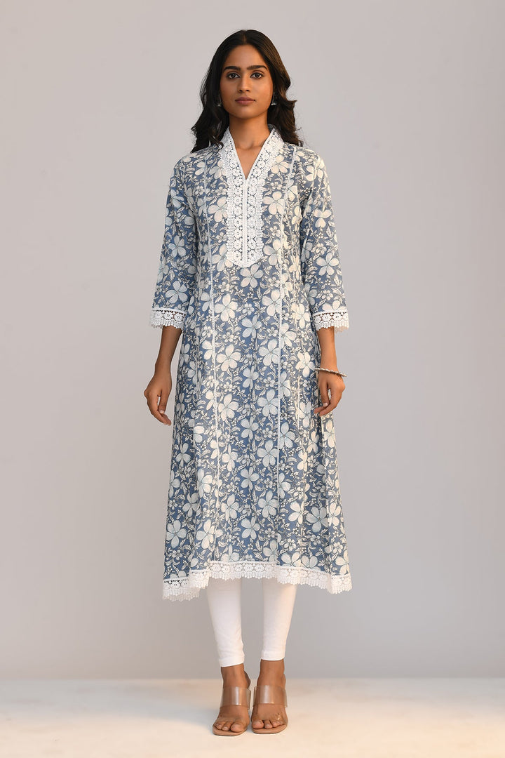 Blue Printed A Line Kurta