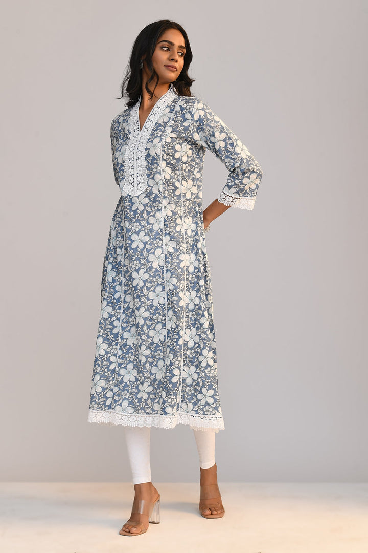 Blue Printed A Line Kurta