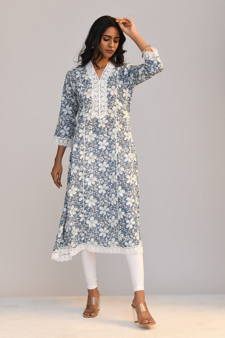 Blue Printed A Line Kurta