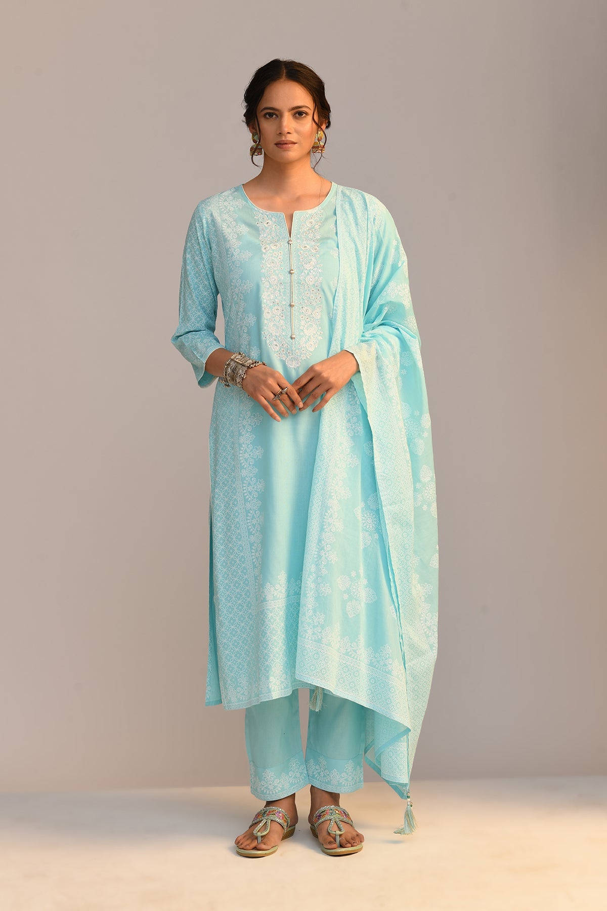 Sky Blue Yoke Embroidered Printed Kurta 3 Pcs Set