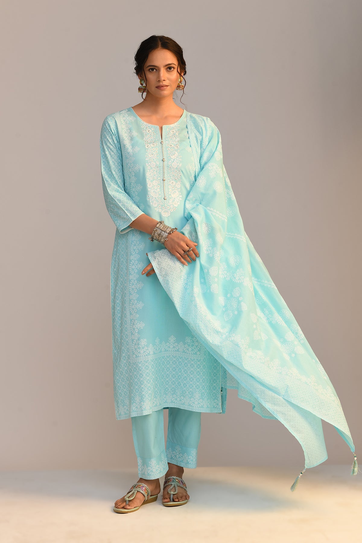 Sky Blue Yoke Embroidered Printed Kurta 3 Pcs Set