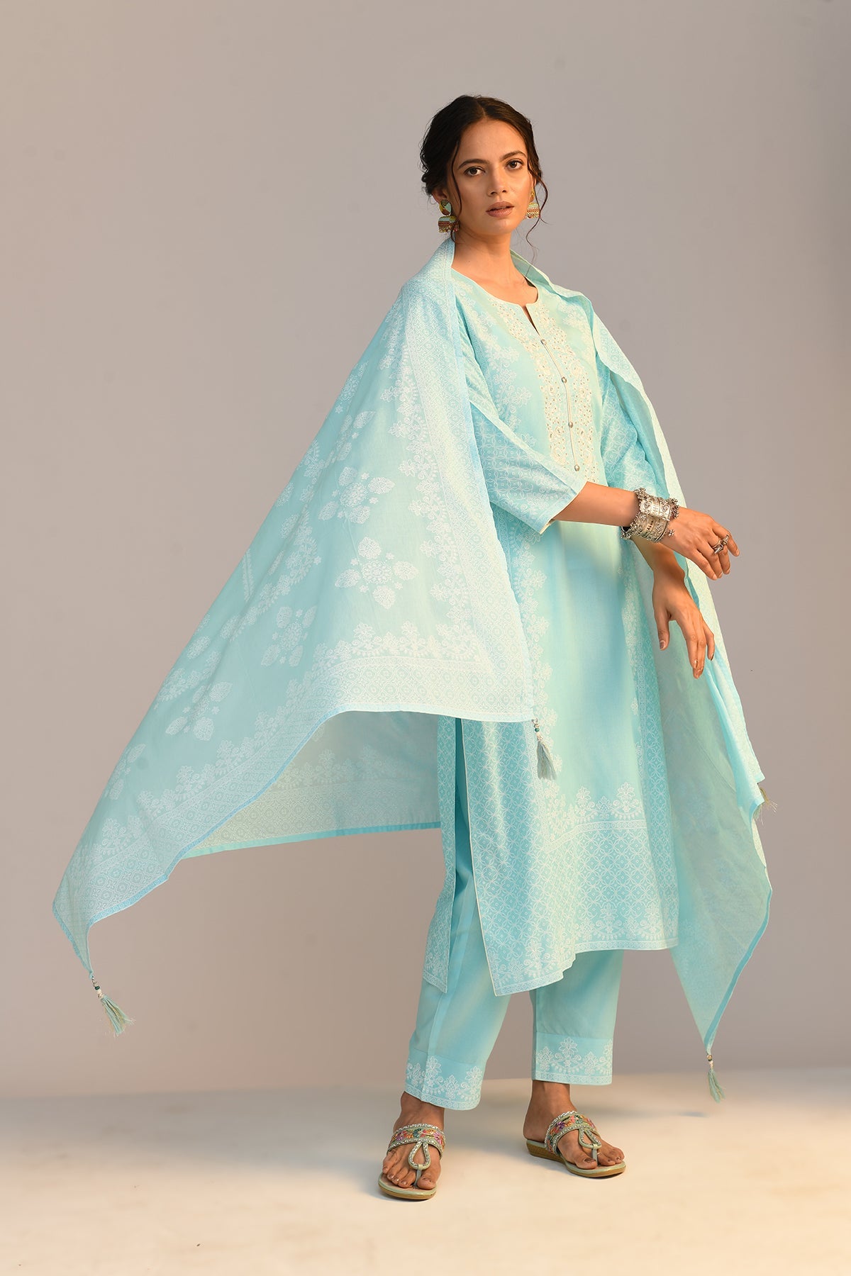 Sky Blue Yoke Embroidered Printed Kurta 3 Pcs Set