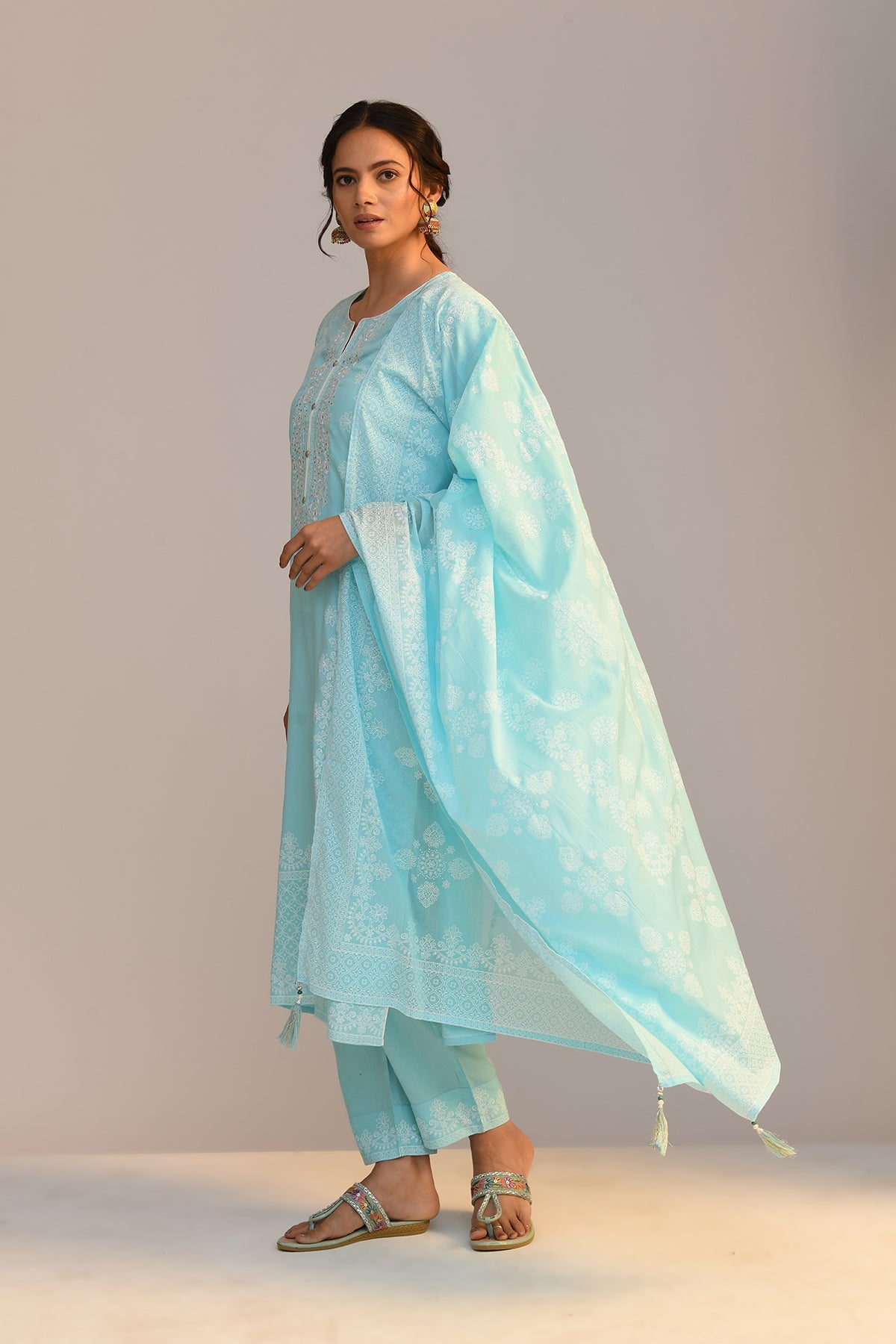 Sky Blue Yoke Embroidered Printed Kurta 3 Pcs Set