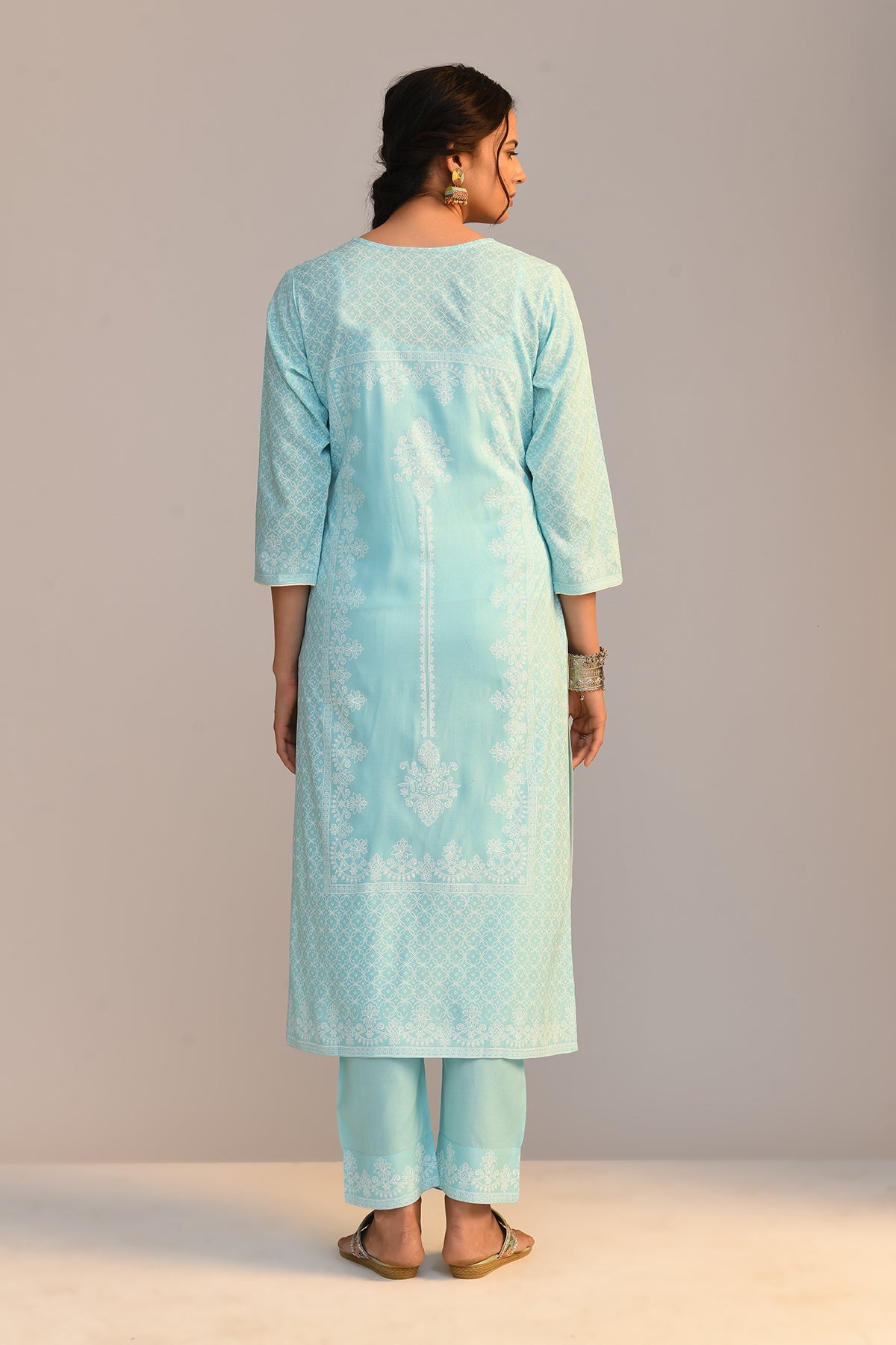 Sky Blue Yoke Embroidered Printed Kurta 3 Pcs Set