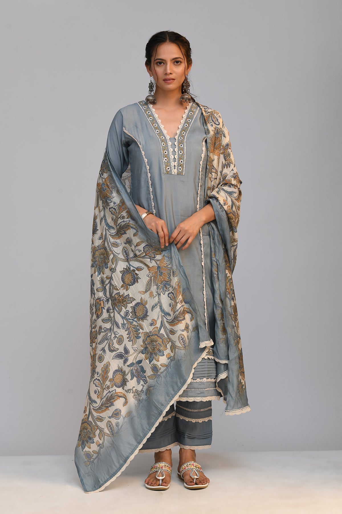Grey Embroidered Straight Kurta 3 Pcs Set