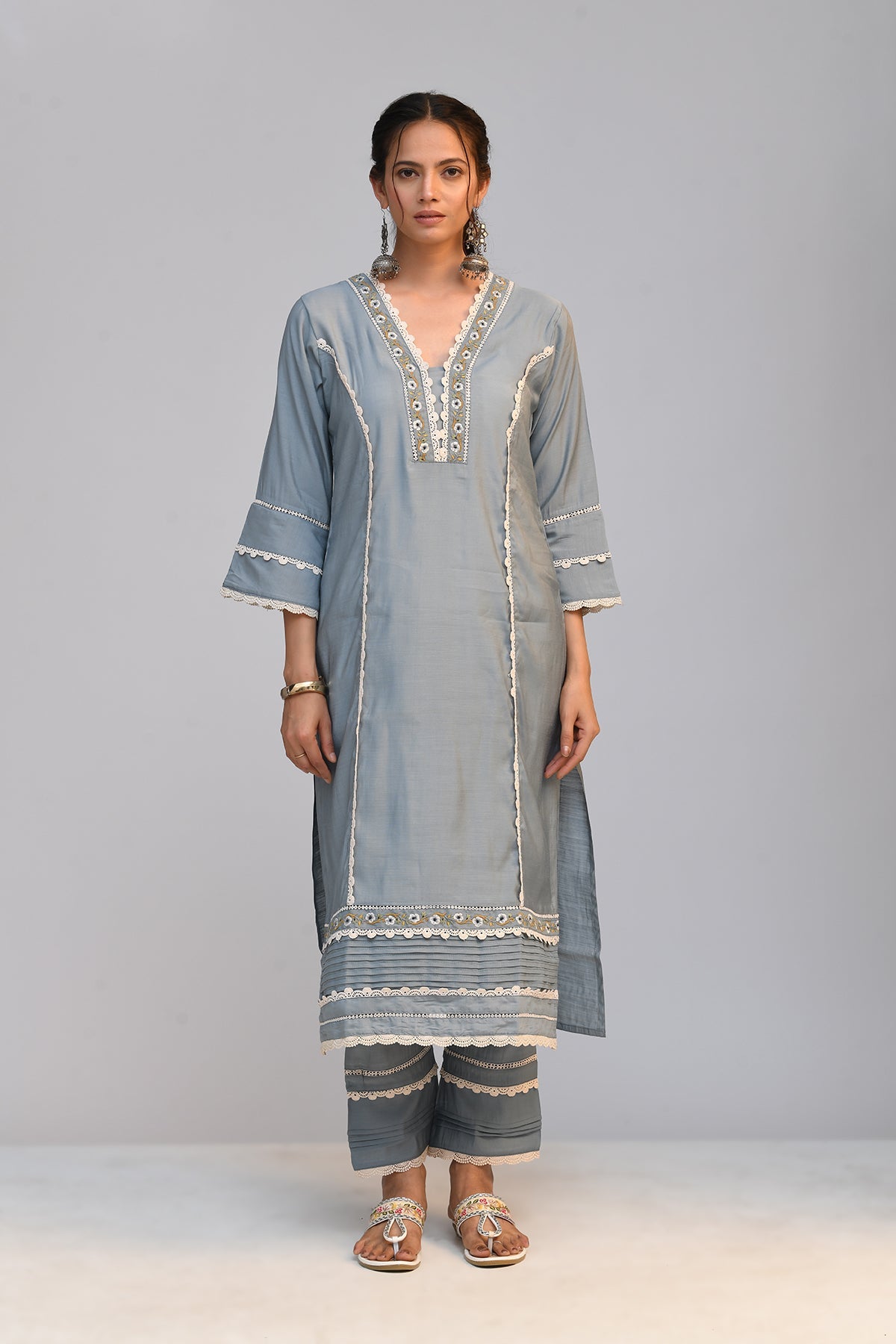 Grey Embroidered Straight Kurta 3 Pcs Set