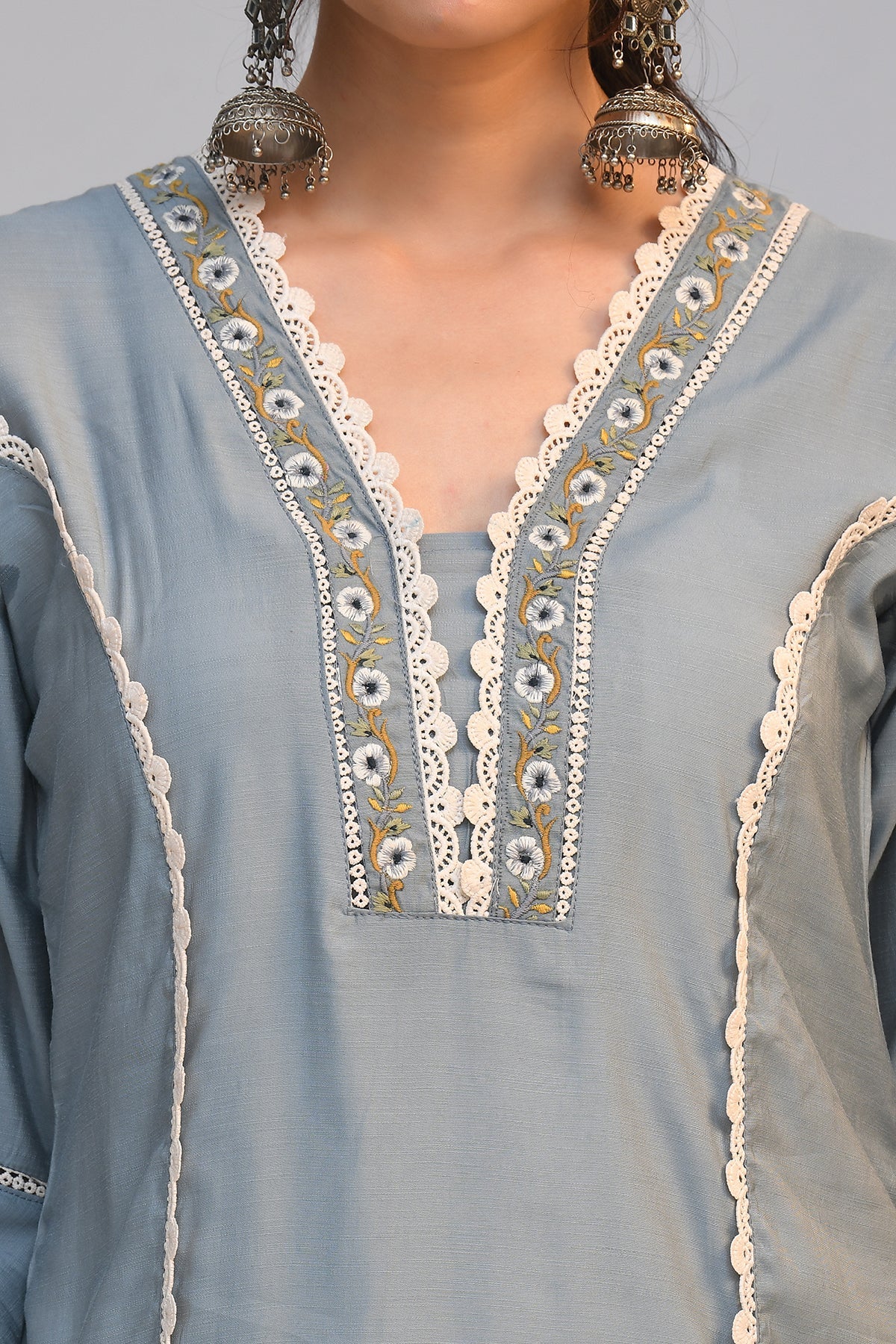 Grey Embroidered Straight Kurta 3 Pcs Set