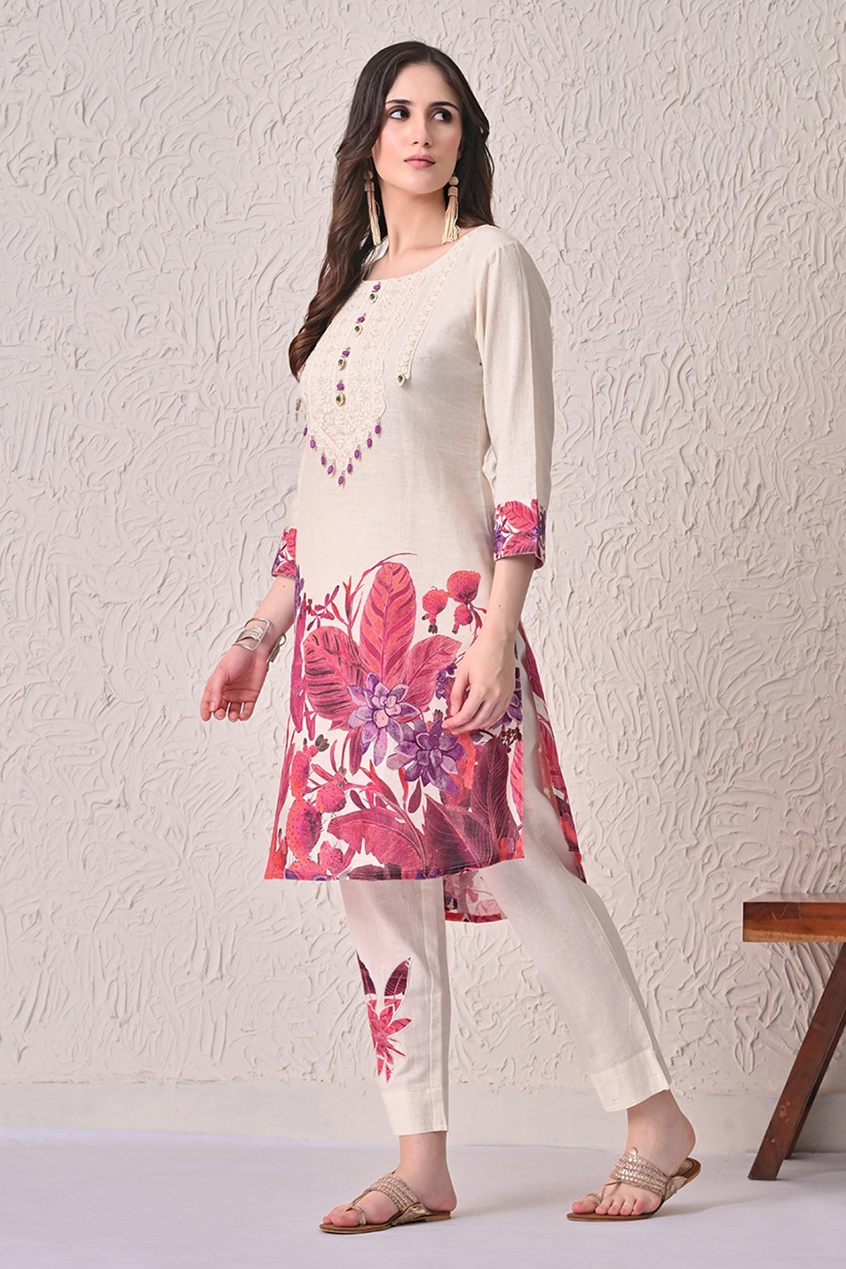 Cream Printed Kurta 2 Pcs Set