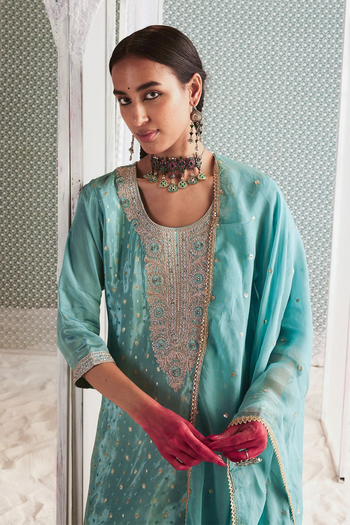 Green Yoke Embroidered Printed Kurta Set