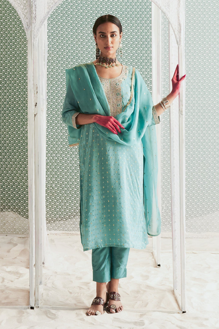 Green Yoke Embroidered Printed Kurta Set