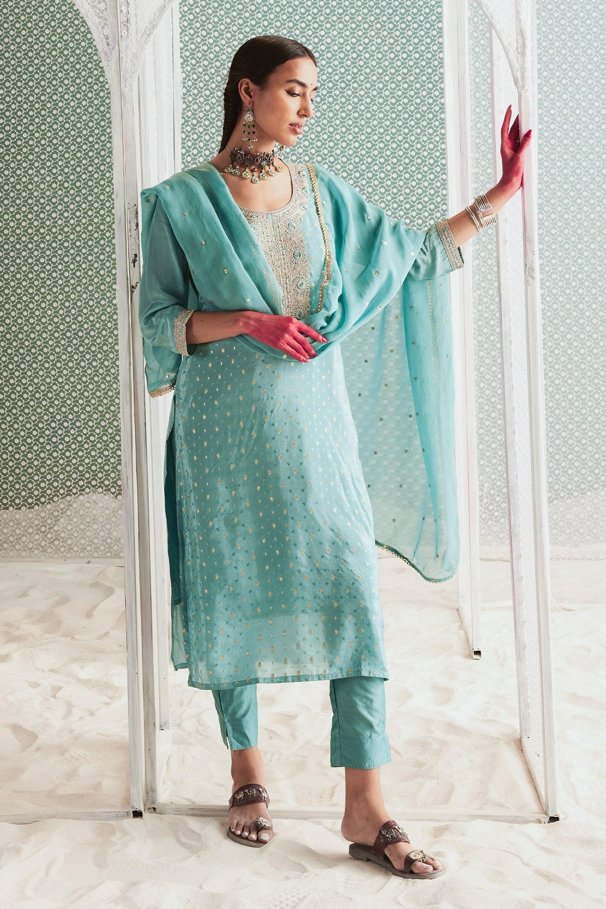 Green Yoke Embroidered Printed Kurta Set