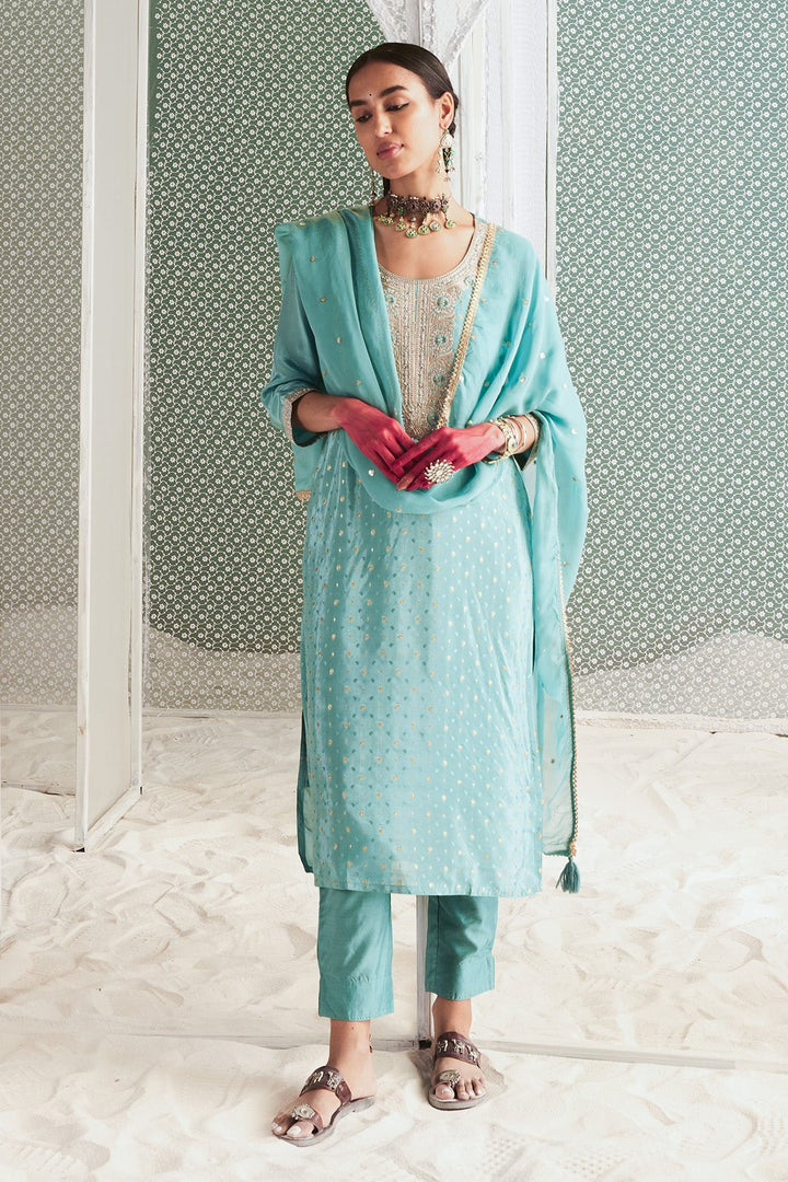 Green Yoke Embroidered Printed Kurta Set