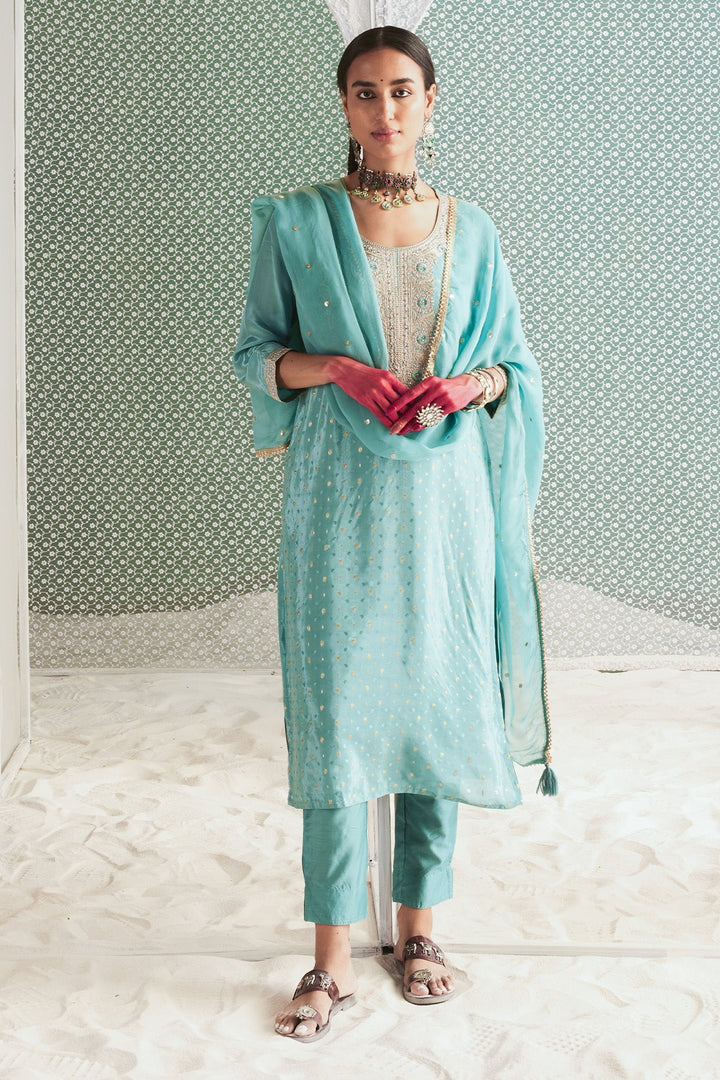 Green Yoke Embroidered Printed Kurta Set