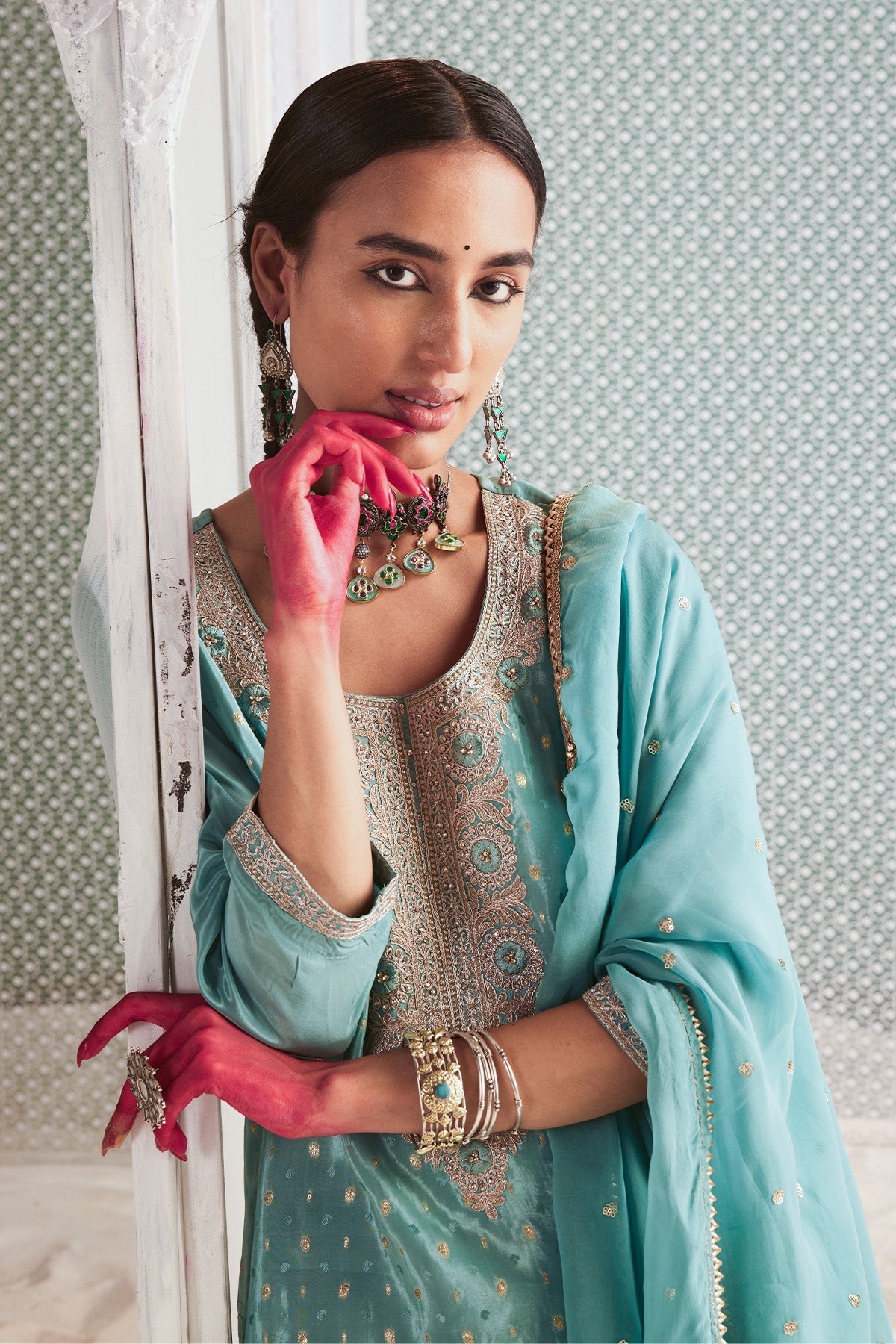 Green Yoke Embroidered Printed Kurta Set