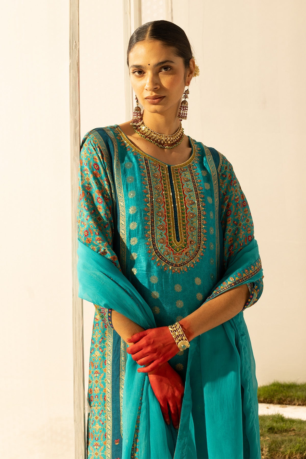 Blue Embellished Straight Kurta Set (3PC)