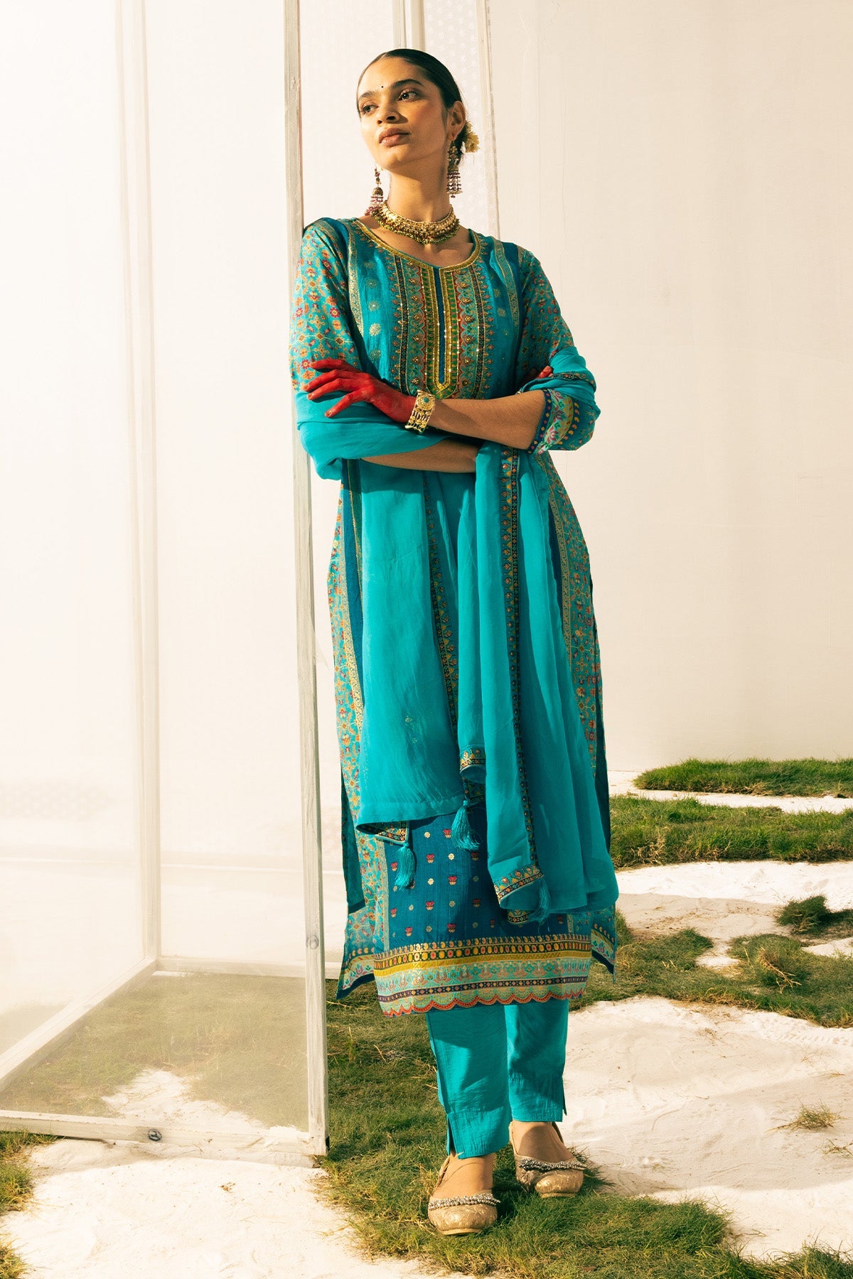 Blue Embellished Straight Kurta Set (3PC)