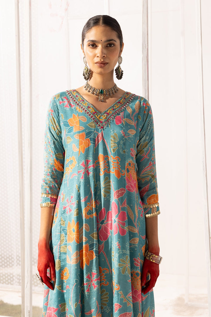 Blue Yoke Printed Dress