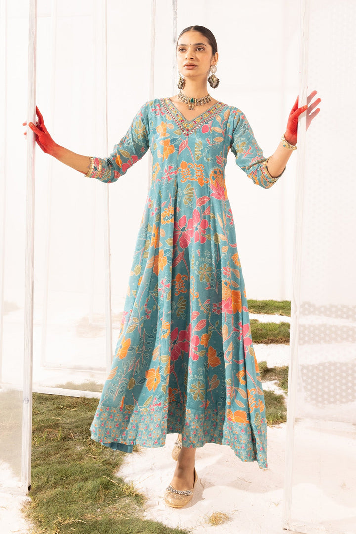 Blue Yoke Printed Dress