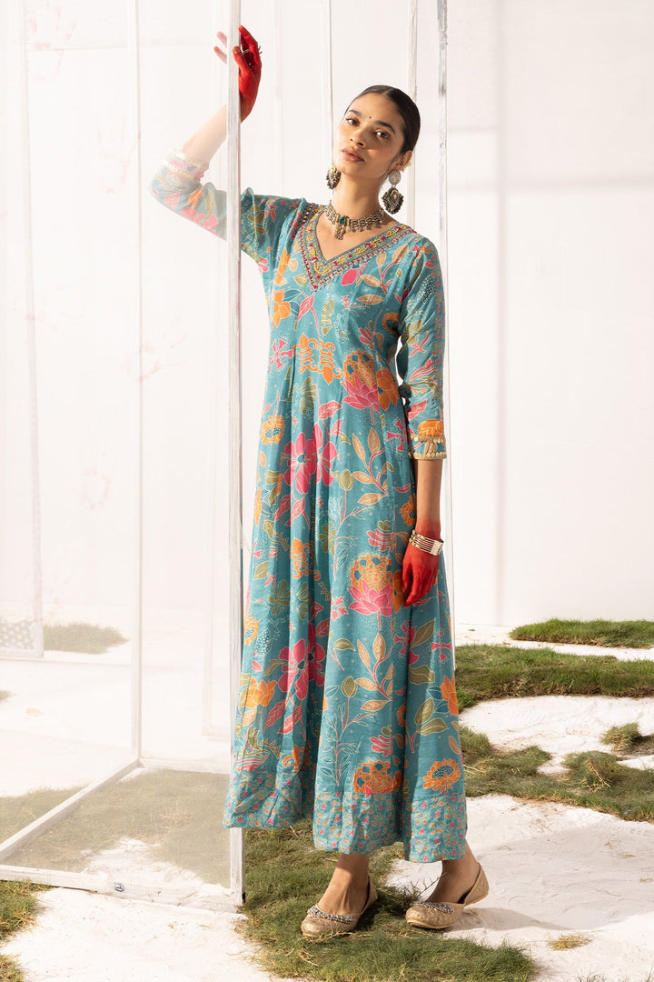 Blue Yoke Printed Dress