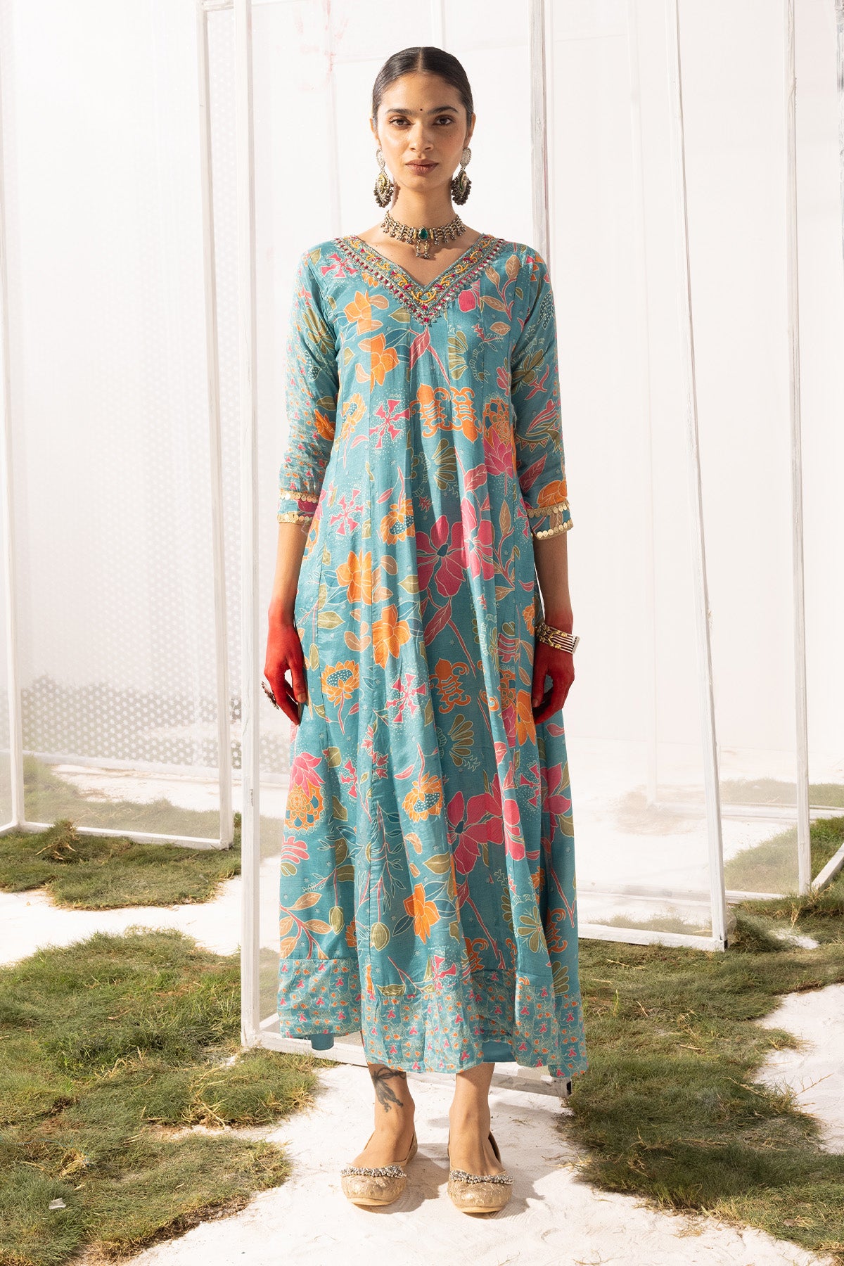 Blue Yoke Printed Dress