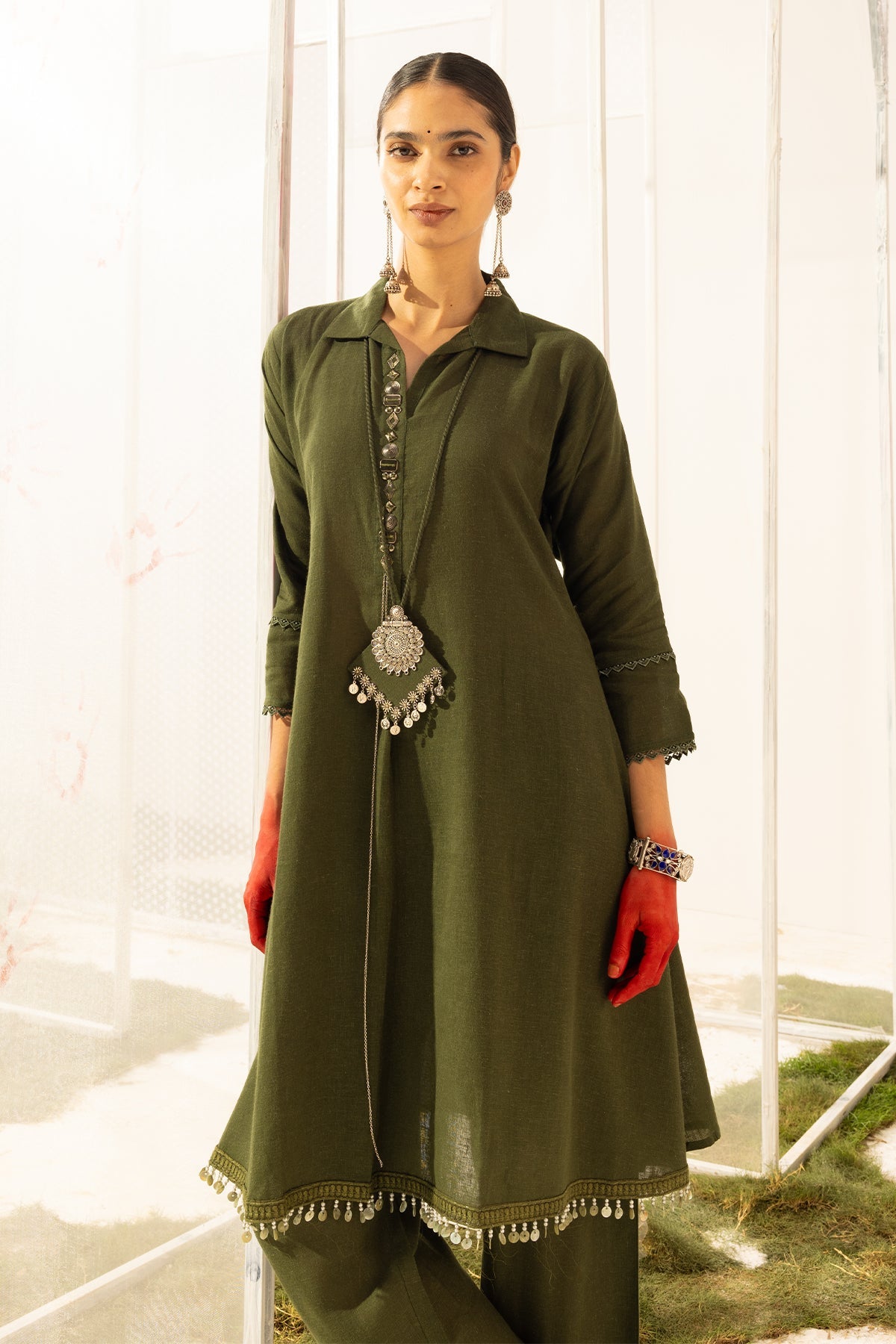 Green Solid Kurta Set