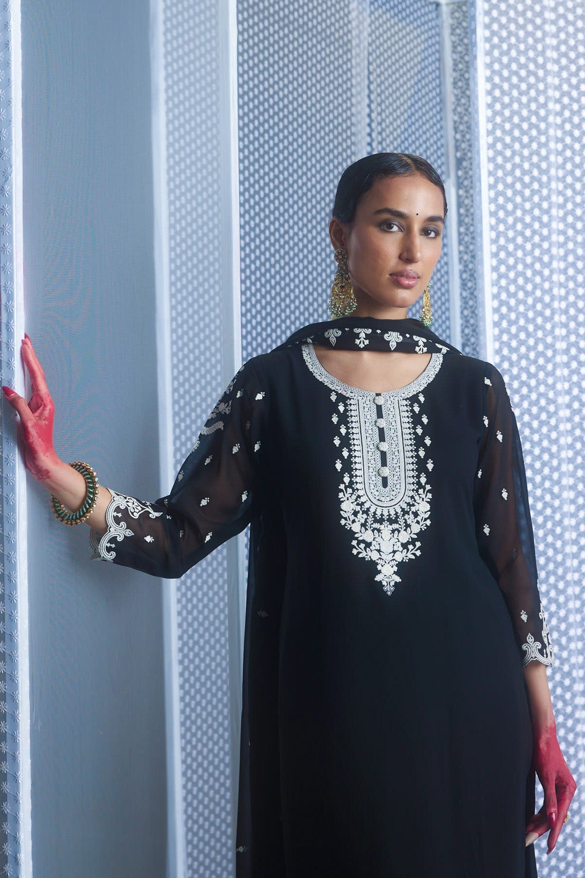 Black Chikankari Straight Kurta 3 Pcs Set
