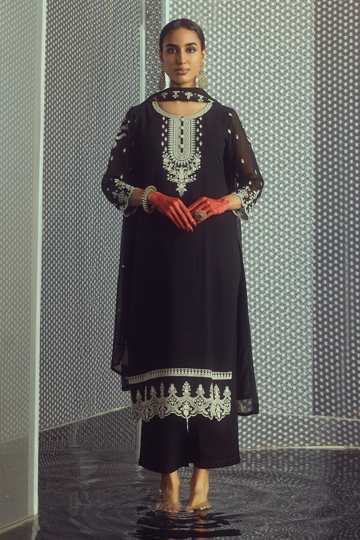 Black Chikankari Straight Kurta 3 Pcs Set