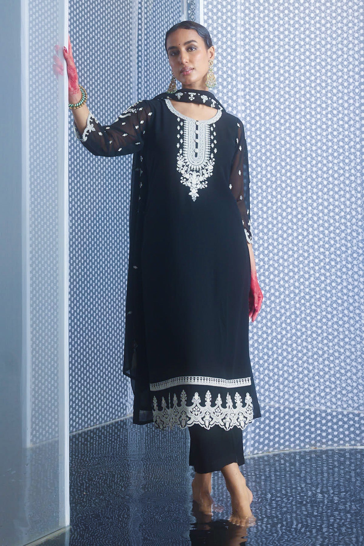 Black Chikankari Straight Kurta 3 Pcs Set